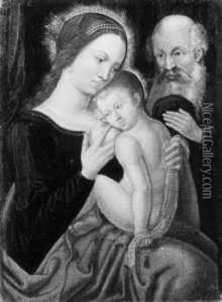 Nachfolge Die Heilige Familie. Maria Das Kind Stillend. Ol Auf Leinwand . H 5; B 37 Cm Oil Painting - Joos Van Cleve