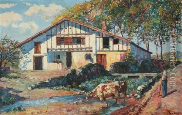 Bouvier Et Ses Vaches Devant Une Ferme, Pays Basque Oil Painting - Louis Floutier