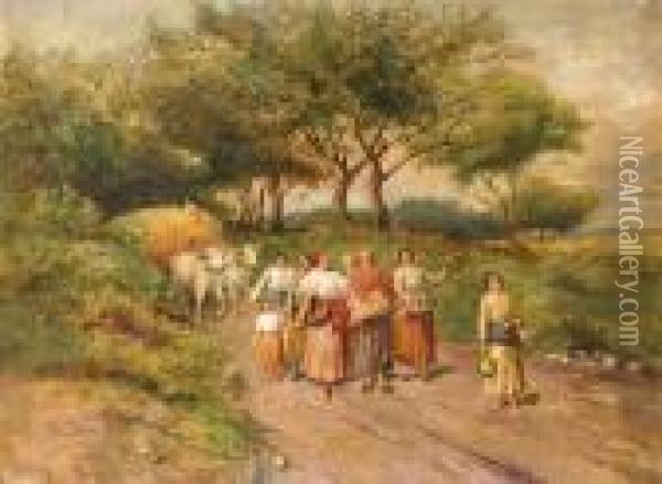 Hazafele A Mezorol Oil Painting - Lajos Deak Ebner