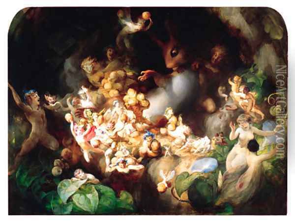 Titania's Elves robbing the Squirrel's Nest - Midsummer Night's Dream Oil Painting - Robert Huskisson