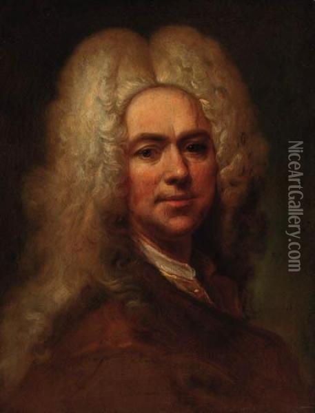 Portrait Of A Gentelman, Bust-length, In A Brown Jacket, Wearing Awig Oil Painting - Joseph Vivien