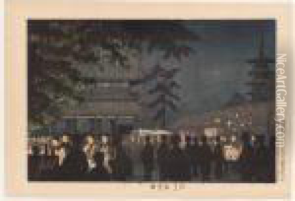 Asakusa Yomise (night Stalls In The Temple Precincts At Asakusa) Oil Painting - Kobayashi Kiyochika