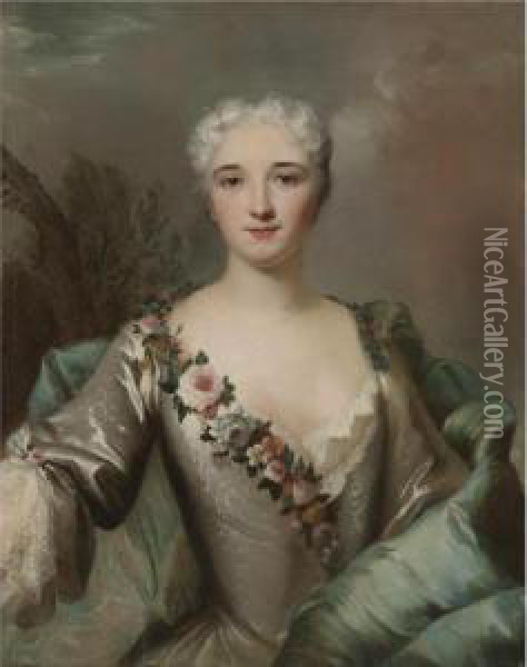 Portrait Of A Lady, Half Length 
In A Landscape, Wearing A Silver Dress With A Floral Wreath Oil Painting - Louis Tocque