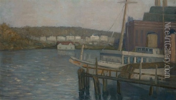 Wharf With Sailboat And Village Oil Painting - Aaron Harry Gorson