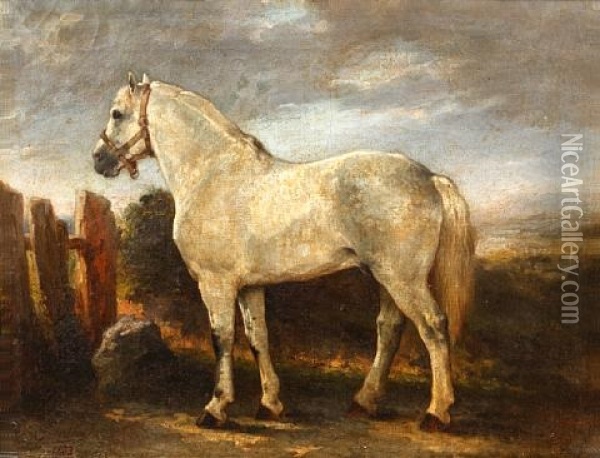 Portrait Of A Grey Horse Before A Landscape Oil Painting - Joseph Urbain Melin