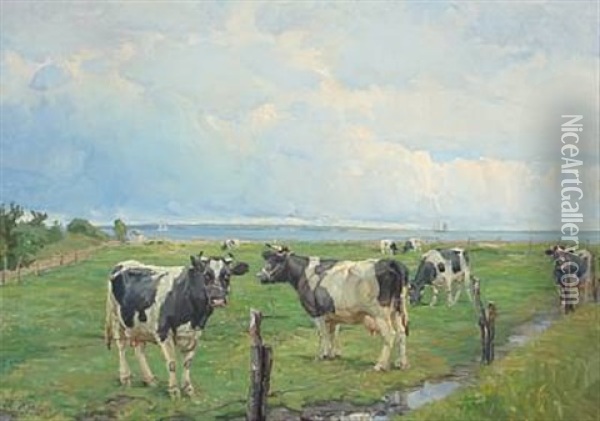 Grazing Cows Near A Coast Oil Painting - Harold Kjaer