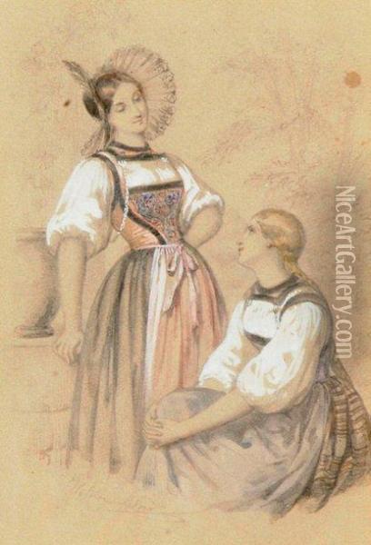 Deux Villageoises Conversant Oil Painting - Heloise Leloir
