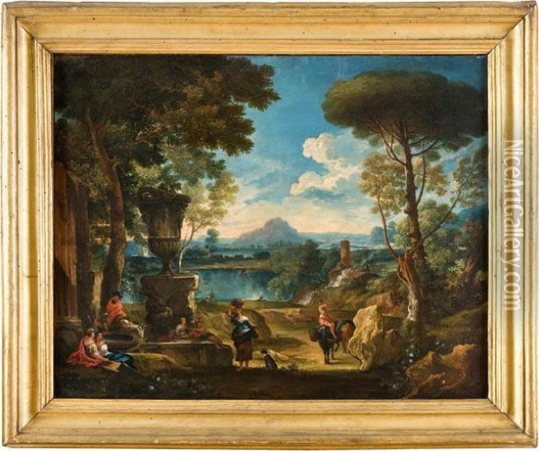 Paesaggio Con Vaso Classico, Rovine E Pastori Oil Painting - Pieter the Younger Mulier