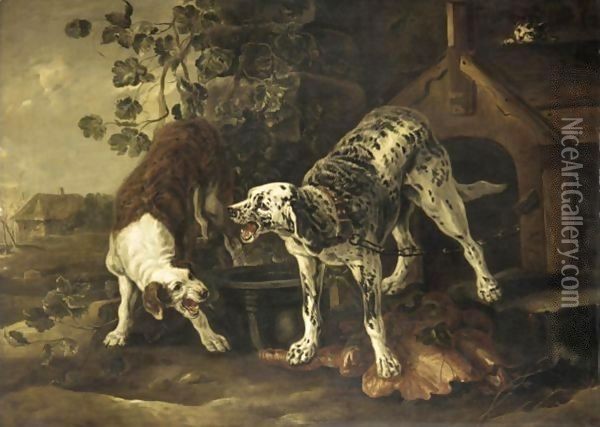 Landscape With Two Hounds Fighting Before A Kennel Oil Painting - Peeter Boel