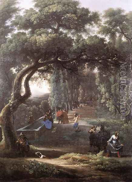 Figures in a Tree-lined Avenue 1640s Oil Painting - Michelangelo Cerquozzi