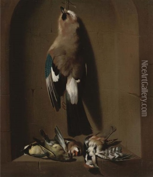 A Dead Jay Hanging From A Nail And Songbirds In A Stone Niche Oil Painting - Cornelis van Lelienbergh