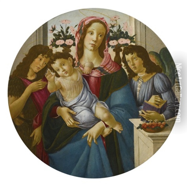 The Madonna And Child With Saint John The Baptist And An Angel Before A Window (collab. W/studio) Oil Painting - Sandro Botticelli