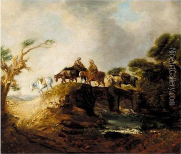 Open Landscape With Riders And Packhorses Crossing A Bridge Oil Painting - Thomas Gainsborough