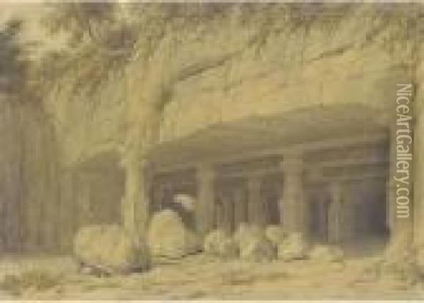 Entrance Of The Great Cave Temple Of Elephanta, Near Bombay Oil Painting - William Westall
