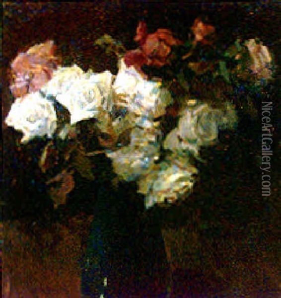 Florero De Rosas Oil Painting - Enrique Martinez Cubells y Ruiz