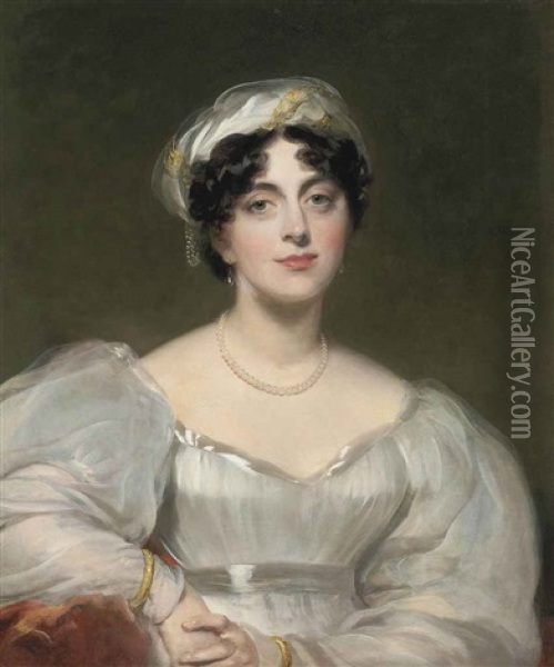 Portrait Of A Lady, Traditionally Identified As Mrs Finch, In A White Dress With A Pearl Necklace And A Headdress Oil Painting - Thomas Lawrence