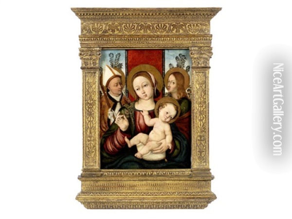 The Madonna And Child With Saint John The Evangelist And A Bishop Saint Oil Painting - Giovanni Battista Bertucci