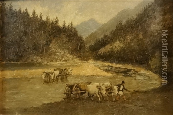 Carts With Oxen Crossing The River Oil Painting - Ludovic Bassarab