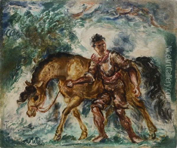 A Boy With A Horse Oil Painting - Antonin Prochazka