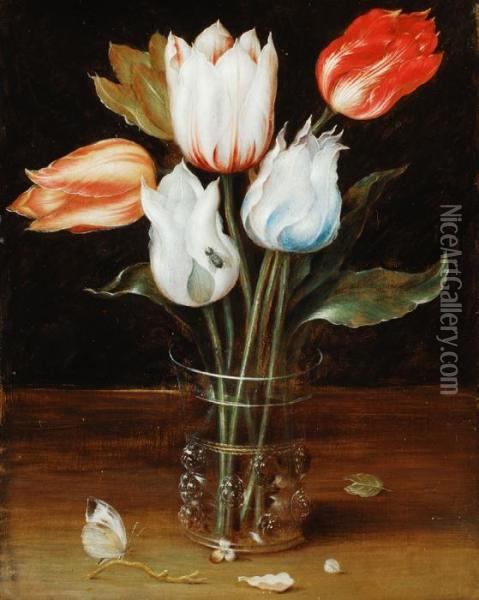Blumenstillleben Mit Funf Tulpen In Einem Grenoppten Glasbecher Mit Schmetterling Oil Painting - Osias, the Elder Beert