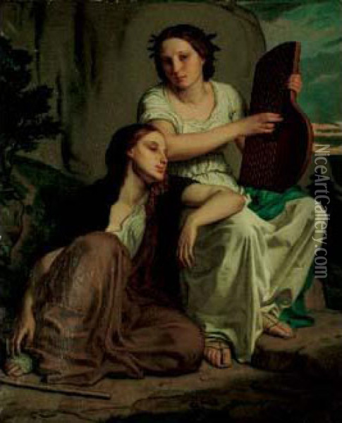 Jeunes Femmes A La Harpe Oil Painting - Felix Nicolas Frillie