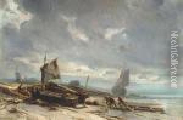 Boats On The Shore Oil Painting - Eugene Isabey