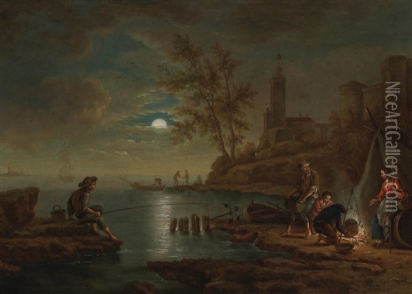 A Nocturnal Coastal Landscape With A Fisherman And His Family Oil Painting - Michael Wutky