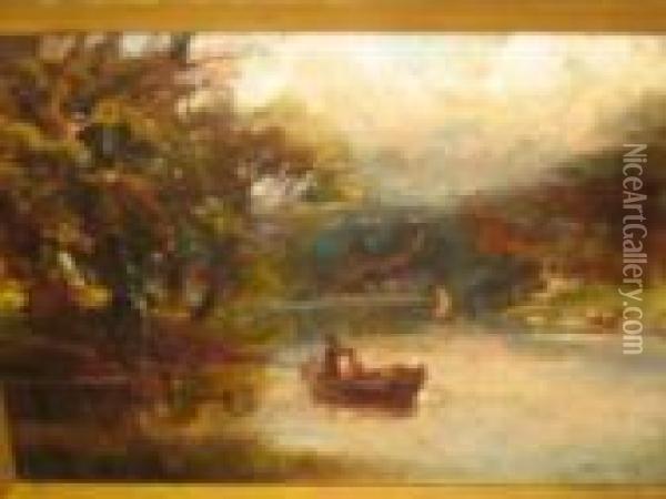 Lakescene With Fishing Boat In The Foreground Oil Painting - Walter Meegan
