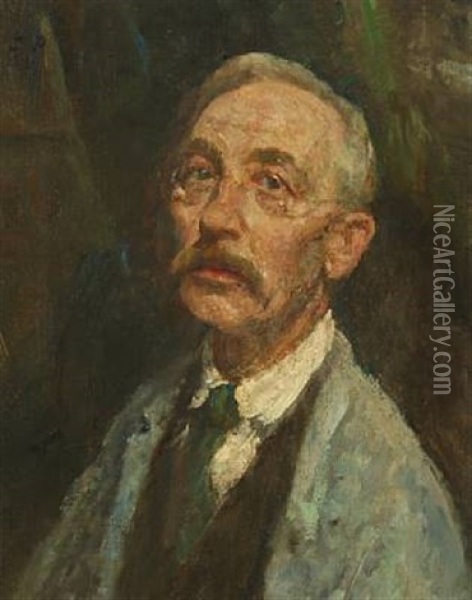 Self Portrait In Smock And Green Tie Oil Painting - Julius Paulsen