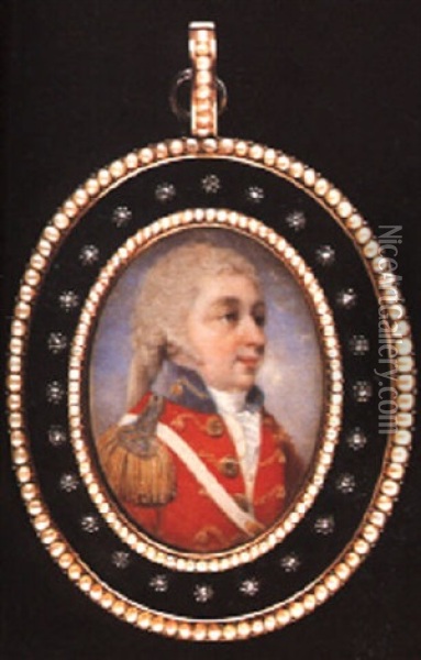Captain Staunton In Red Jacket With Blue Collar, White Cross-belt And Gold Epaulets Oil Painting - John Wright