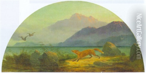 A Fox Chasing Mallards At The Edge Of A Lake Oil Painting - Robert Henry Roe