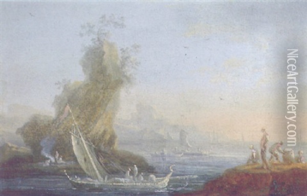A Mediterranean Coastal Landscape With Sailing Vessels By A Rock And Fishermen On A Cliff Nearby Oil Painting - Orazio Grevenbroeck