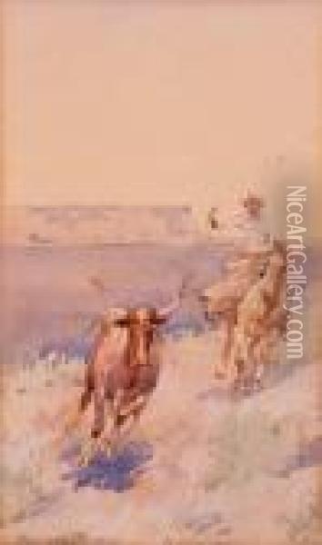 Cowboy Roping A Longhorn Oil Painting - John Edward Borein