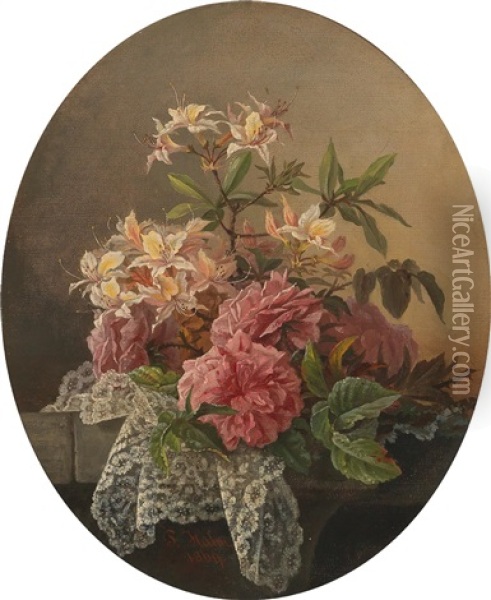 Flower Piece With Roses And Spray Of Blossom Oil Painting - Pauline Halmrecte Flechner