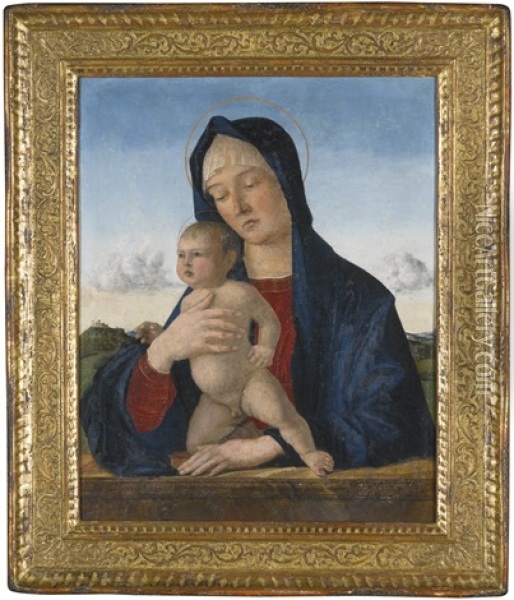 The Madonna And Child, Half-length, Against A Parapet, With A Landscape Behind Oil Painting - Giovanni Bellini