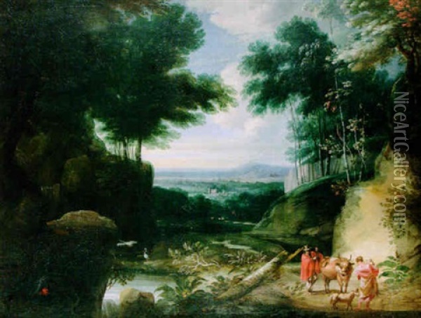 A Wooded Landscape With Figures And Farm Animals On A Track, And Herons By A Pond Oil Painting - Jacques d' Arthois