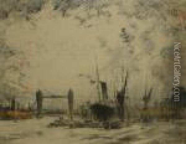 Tower Bridge, Evening Oil Painting - Joseph Pennell