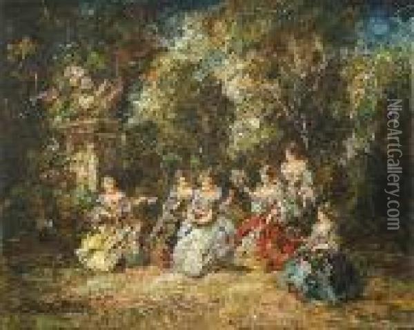 Music In The Garden Oil Painting - Adolphe Joseph Th. Monticelli
