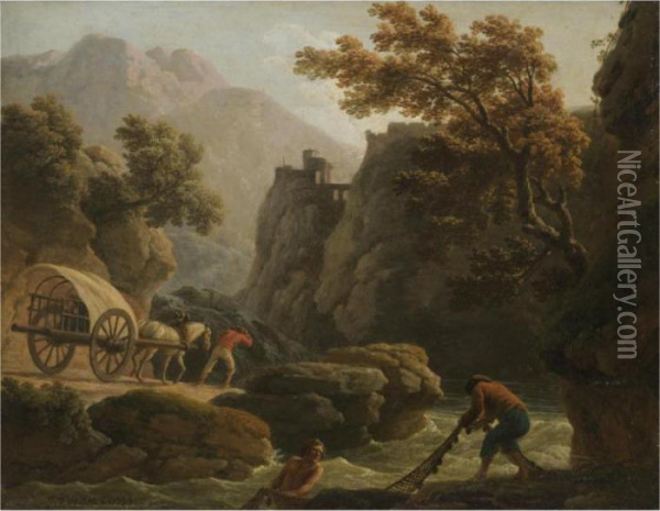 A Mountainous River Landscape 
With Fishermen In The Foreground, And A Traveller Leading A Wagon With 
His Family Resting Inside Oil Painting - Claude-joseph Vernet