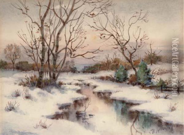 A Stream In A Winter Landscape Oil Painting - Iulii Iul'evich (Julius) Klever