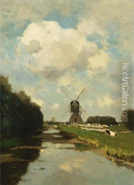 Windmills Along A Waterway Near The Woerdense Verlaat Oil Painting - Jan Hendrik Weissenbruch
