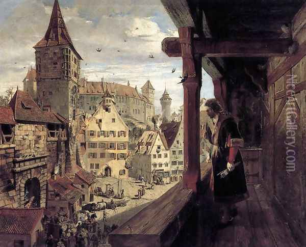 Albrecht Dürer on the Balcony of his House 1854 Oil Painting - William Bell Scott
