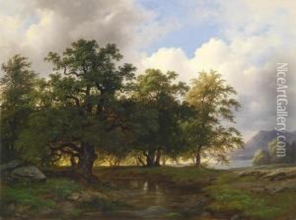 Woodland Landscape With Lake Oil Painting - Joseph Holzer