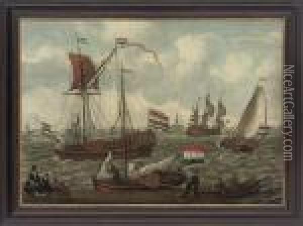 A Dutch Man-o'war Signalling Its Departure With Other Shipping Inchoppy Seas Oil Painting - Abraham Storck