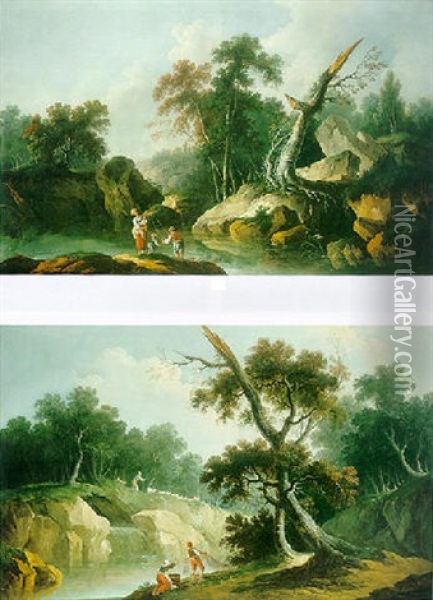 Bergers Et Pecheurs Dans Un Paysage Fluvial Avec Une Cascade Oil Painting - Louis-Philippe Crepin