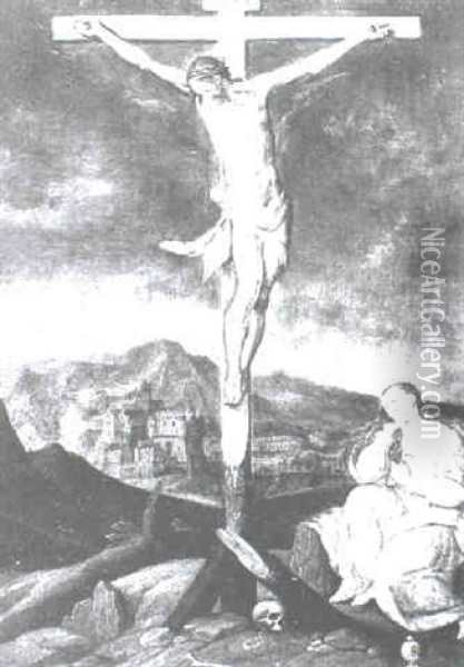 The Crucified Christ With The Mary Magdelen At The Foot Of  The Cross Oil Painting - Jan Snellinck the Elder
