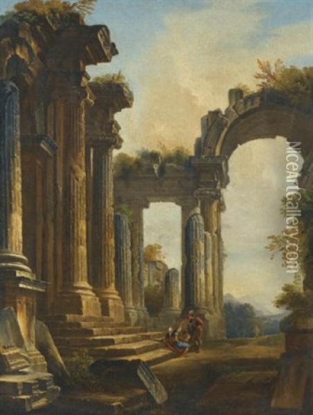 A Capriccio Of Classical Ruins With Three Men Conversing At The Steps Of A Temple Oil Painting - Jean Nicolas Servandoni