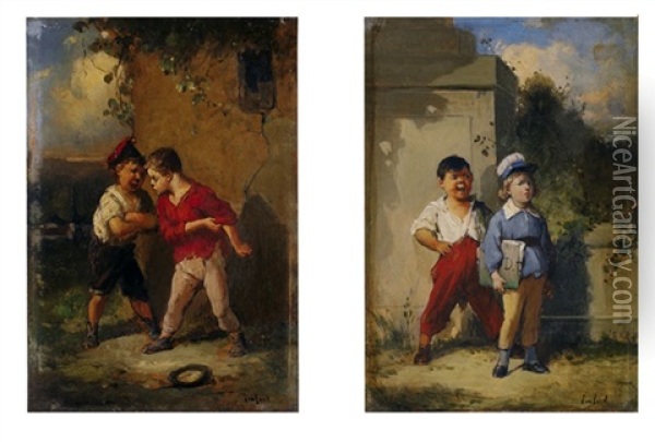 Les Petits Chamailleurs (+ L'ecolier Et Le Garnement; Pair) Oil Painting - Francois-Louis Lanfant