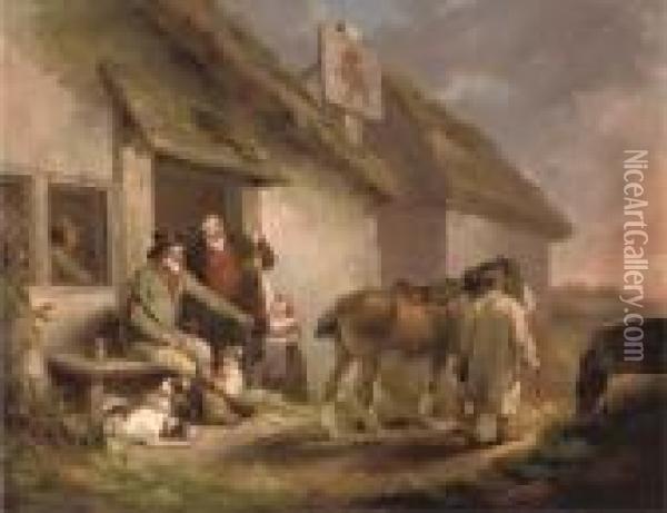 A Game Keeper With Other Figures, Dogs And A Horse Outside The Red Lion Inn At Sunset Oil Painting - George Morland