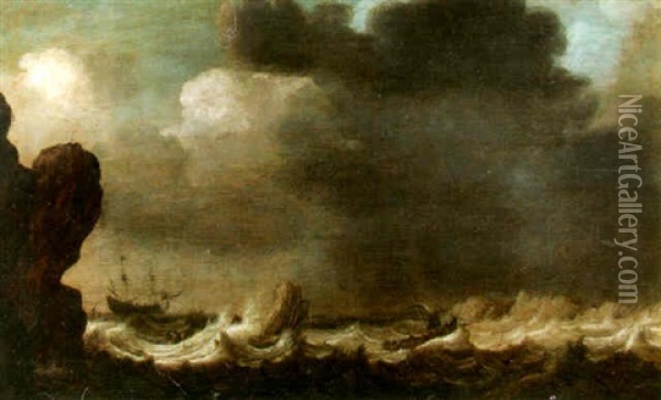 Coastal Scene With A Frigate Offshore Oil Painting - Pieter Van Der Croos